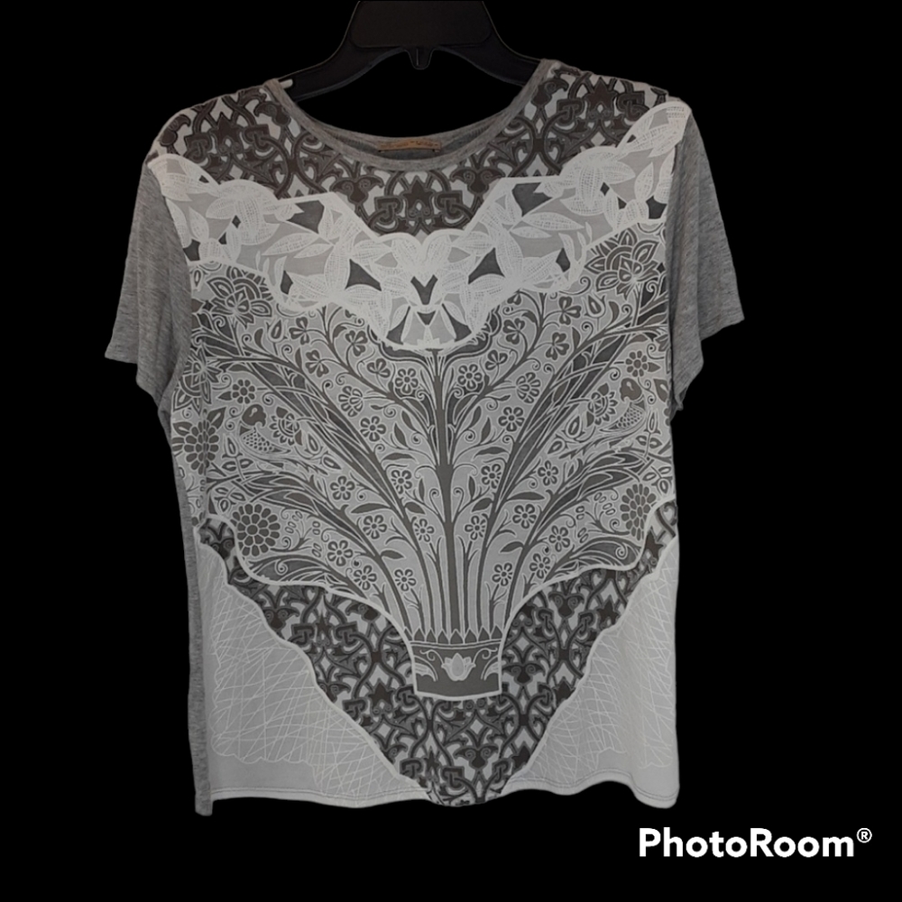 Zara grey white floral semi sheer lace tshirt Size small
